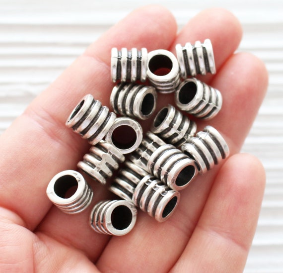 10pc tube beads silver, large round barrel beads, rondelle beads, slider beads, rustic beads, large hole beads, bracelet bead spacers, L