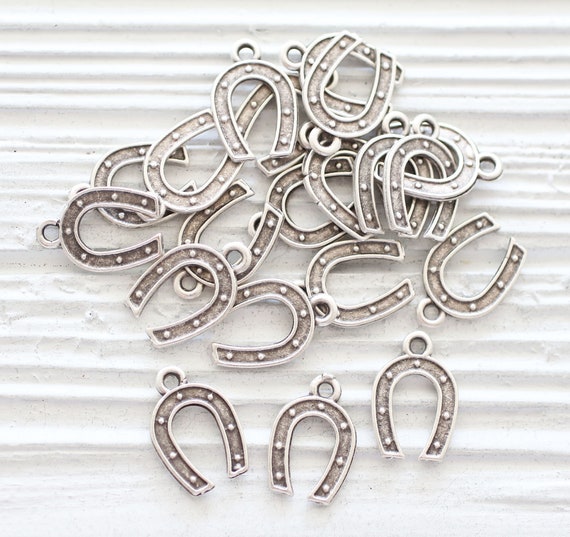 10pc silver horseshoe charms, good luck charms, lucky charms, horse shoe, bracelet charms, silver metal beads, necklace charms, just dangles