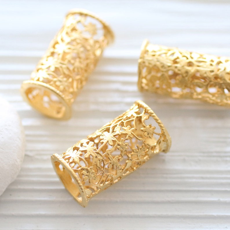 Gold filigree tube pendant, unique filigree findings, gold rondelle pendant, large tube bead, gold tube charm, focal flower barrel pendant image 1