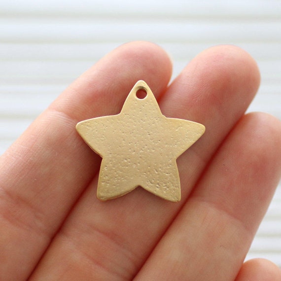 2pc gold star pendant, matte gold star beads, star, bracelet charms, earrings dangle, large gold star, hammered star charms, celestial, L