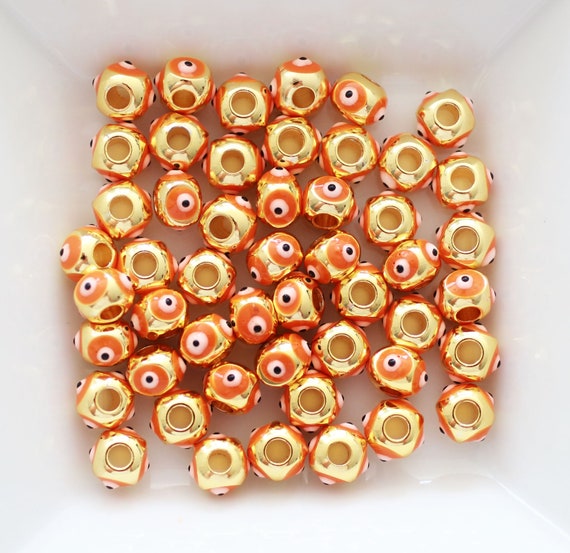 5pc, 7mm orange evil eye beads, square evil eye beads, DIY earrings beads, lucky beads, necklace, bracelet slider beads, spacer beads, EE5M