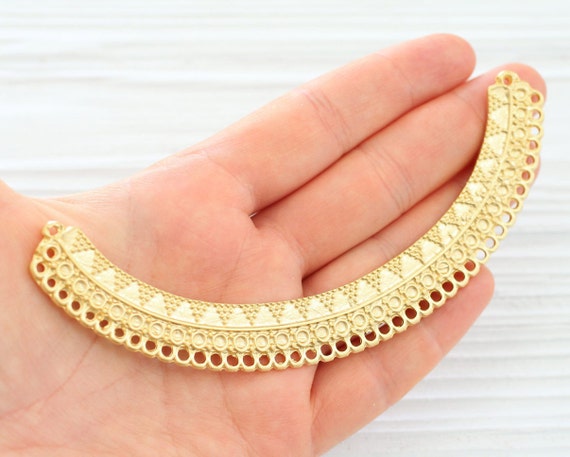 Large gold collar necklace, gold crescent necklace, collar pendant, tribal crescent moon, large gold connector, multi strand, matte gold