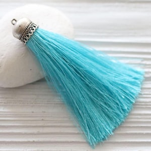 Turquoise silk tassel, tassel pendant, silver cap silk tassel, long tassel, jewelry tassels, necklace tassel, aqua, keychain tassel, N42