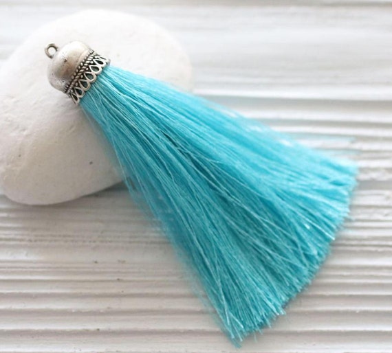 Turquoise silk tassel, tassel pendant, silver cap silk tassel, long tassel, jewelry tassels, necklace tassel, aqua, keychain tassel, N42