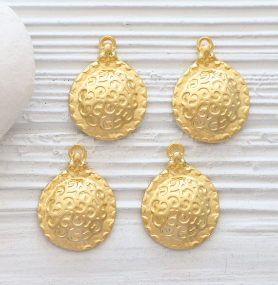 2pc matte gold round pendant, hammered pendant charm, earrings charm gold, dangle, round findings, jewelry findings, gold charms