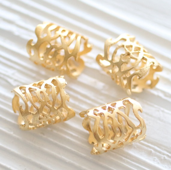 2pc gold filigree barrel pendant, unique filigree findings, gold tube pendant, large tube bead, gold tube charm, large rondelle, focal ring
