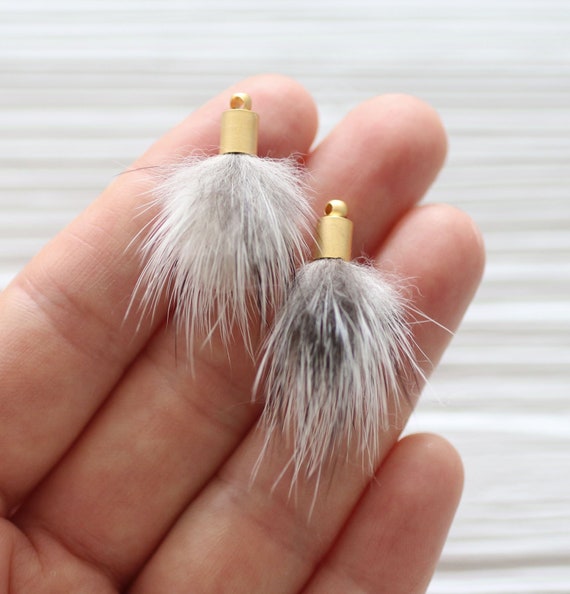 2pc gray melange faux fur pom poms tassels for earrings, grey pom pom tassel, pom pom keychain tassel, purse charm, necklace tassel charm,N4