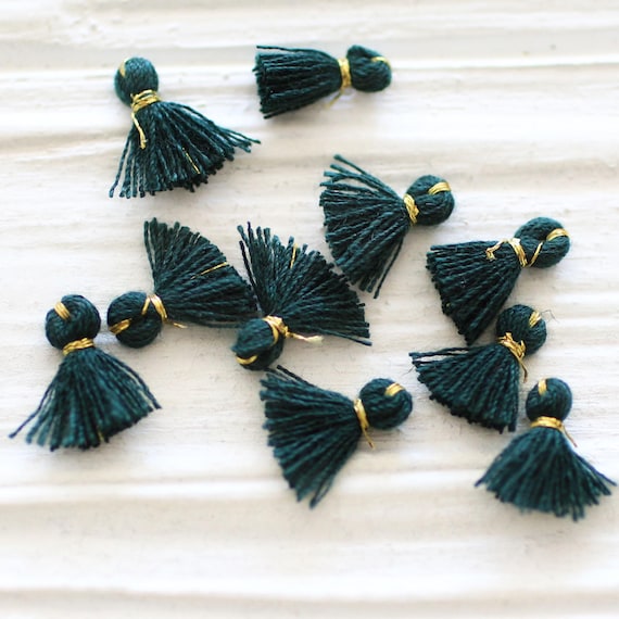 10pc Tiny Dark Green Tassels with Gold Thread, Tiny Jewelry Charms, Earrings Tassel, N53