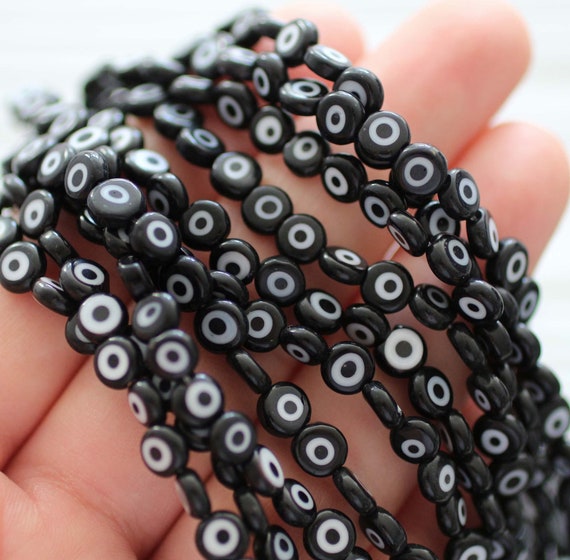 15", 65pc, 6mm black evil eye beads, black beads, flat glass bracelet beads, lamp work beads, round evil eye beads, DIY necklace beads, EE6