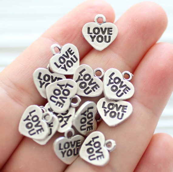 10pc heart charm, love you charms, necklace charms silver, heart charms for bracelet, stamped heart pendant, heart dangle, earrings charms