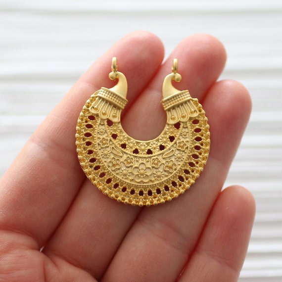 Gold filigree tribal pendant, filigree connector, gold filigree crescent, filigree, tribal charms, round charms, unique jewelry findings