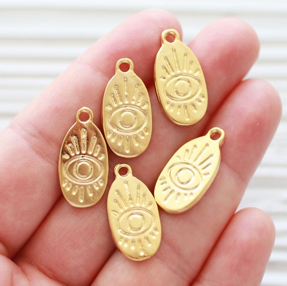 5pc evil eye charms gold, tribal charms, earring charms, necklace charms, evil eye metal beads, oval drop charms, rustic charm pendant