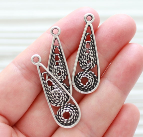 3pc spiral earrings dangle, drop earrings charms, antique silver teardrop shaped pendant, silver findings with filigree details