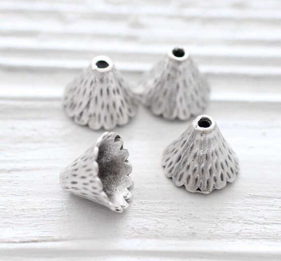 2pc mini hammered silver bead caps, end caps, silver mini tassel cap, bead cones, tribal bead cones, rustic tassel cap, hammered metal