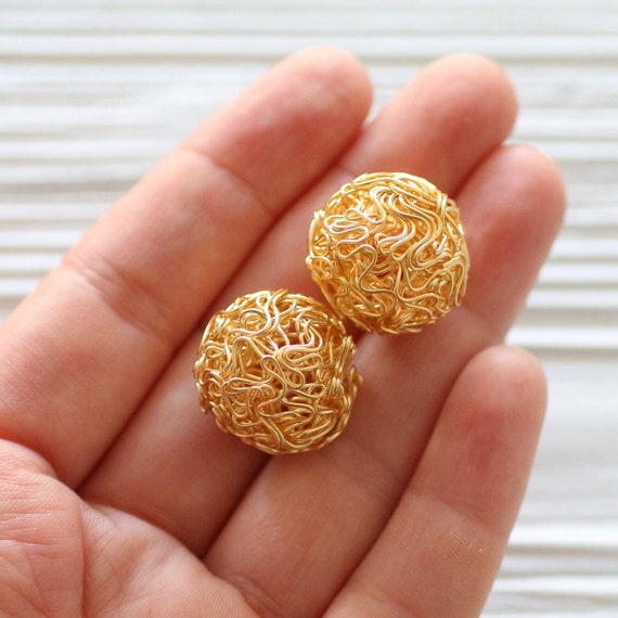 2pc large gold wire wrapped bead, wire wrap, tribal beads, large round wire wrapped ball beads, rustic beads, wire wrapped findings