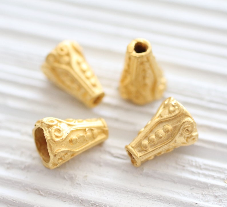 2pc gold tassel cap, bead caps, matte gold, mini bead cones, end caps, mini tassel cap, earrings findings, embellished tassel cap, ornate image 4