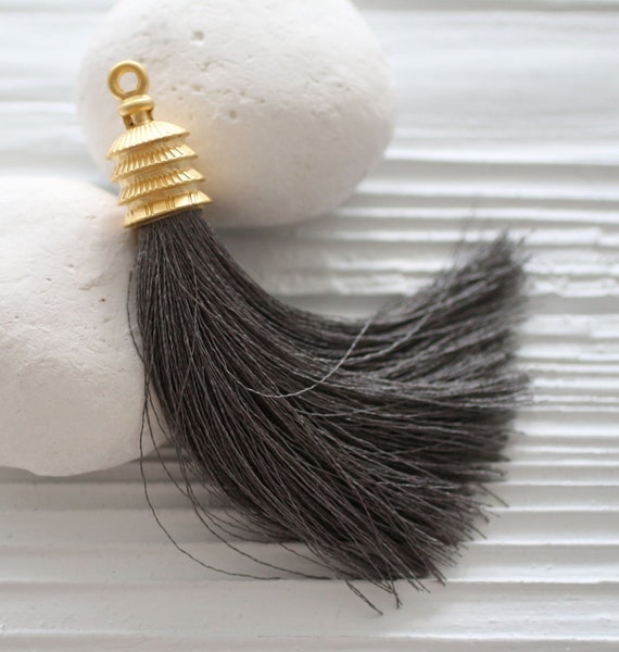 Gray silk tassel, gold cap tassel, keychain tassel, bag tassel charm, tassel pendant, grey, jewelry tassels, decor tassels, mala tassel, N24