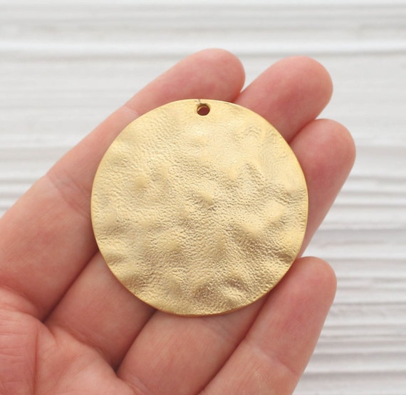 Hammered gold pendant, large round pendant, metal necklace pendant, large medallion pendant, gold tribal pendant,rustic,boho, gold medallion