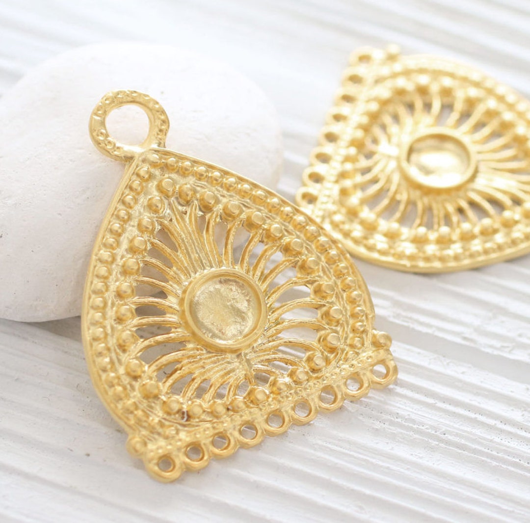 Large Filigree Gold Pendant Connector, Medallion, Unique Filigree
