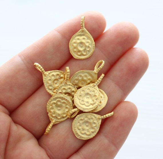 10pc matte gold earring charms, flower charm, bracelet charms, gold charms, round charm, dangles, tribal charms, metal charms, gold beads