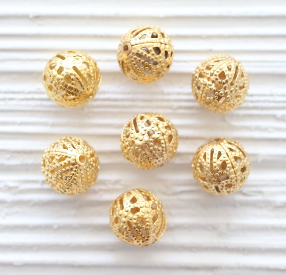 10pc round filigree gold metal beads, filigree gold beads, textured beads, necklace beads, matte gold beads, round gold beads, ball beads, L