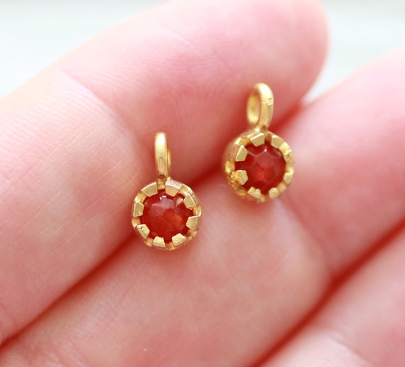 2pc ruby red earrings dangle beads, gold bezel bead charms, bracelet charms, round stone charms, mini boho charms for necklace