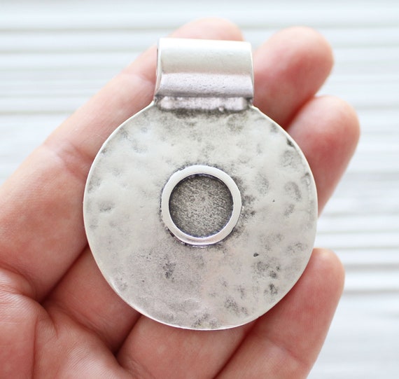 Silver round pendant, tribal pendant silver, large hole pendant, hammered pendant, hammered metal bezel pendant, silver pendant medallion