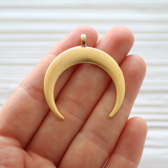 Large matte gold crescent pendant, earrings charm dangle, gold crescent moon, half moon, rustic pendant, unique findings, tribal crescent, L