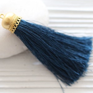 Denim blue silk tassel, gold cap silk tassel, long tassel pendant, large navy tassel, jewelry necklace tassels, decorative tassels, N54