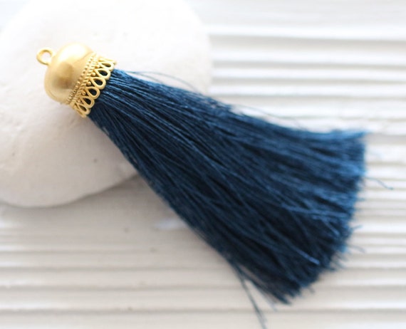 Denim blue silk tassel, gold cap silk tassel, long tassel pendant, large navy tassel, jewelry necklace tassels, decorative tassels, N54