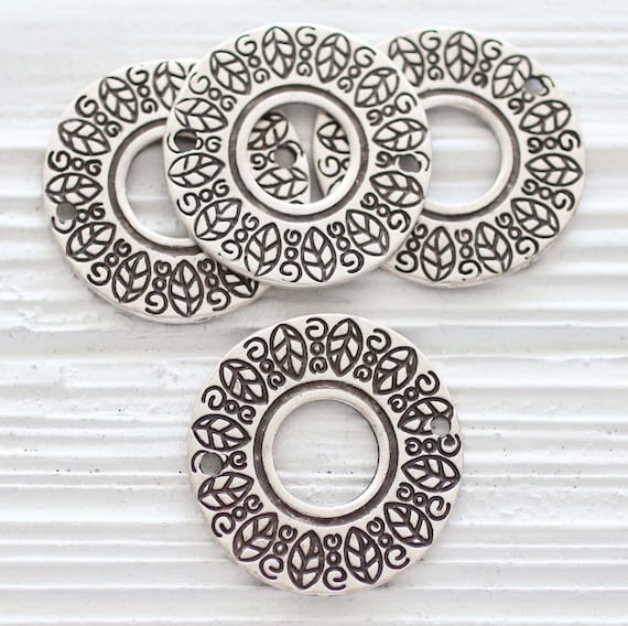 Round connector silver, circle pendant connector, round pendant with hole, jewelry links, rustic tribal pendant, jewelry connector, silver