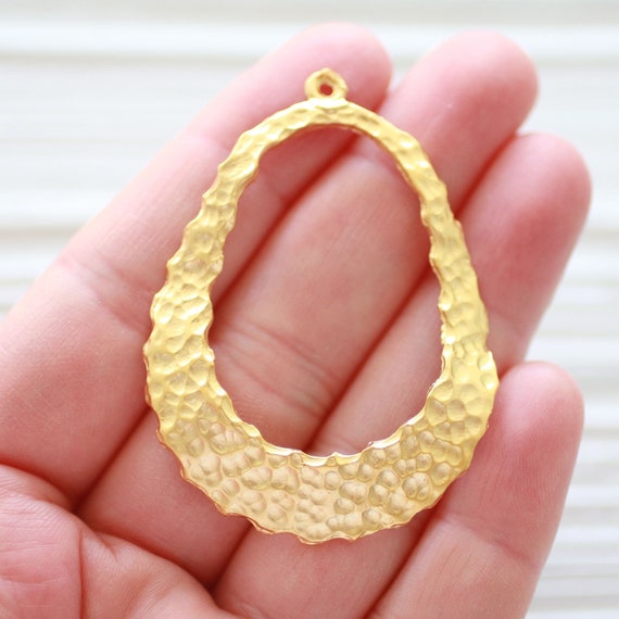 Organic shaped drop pendant, earrings teardrop loops, earring hoops, gold drop chandelier pendant, hammered pendant gold, tear drop pendant