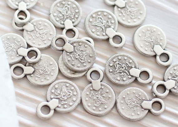 10pc silver coin charms, metal beads, rustic, disc beads silver, silver round coin charms, flat coins, dangles for bracelet earrings, S