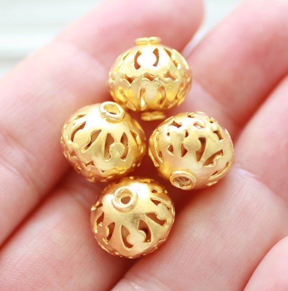 3pc filigree metal beads, gold earrings beads, textured beads, necklace beads, matte gold filigree beads, bicone ball beads, bead spacer, B2