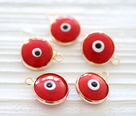 Red evil eye pendant,  good luck jewelry, evil eye charms, bracelet charms, red evileye, gold bezel evil eye pendant, large evil eye