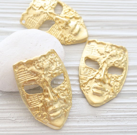 Mask pendant for masquerade ball, mask pendant gold, abstract pendant, gold face mask, large mask, mask dangle pendant, connector pendant