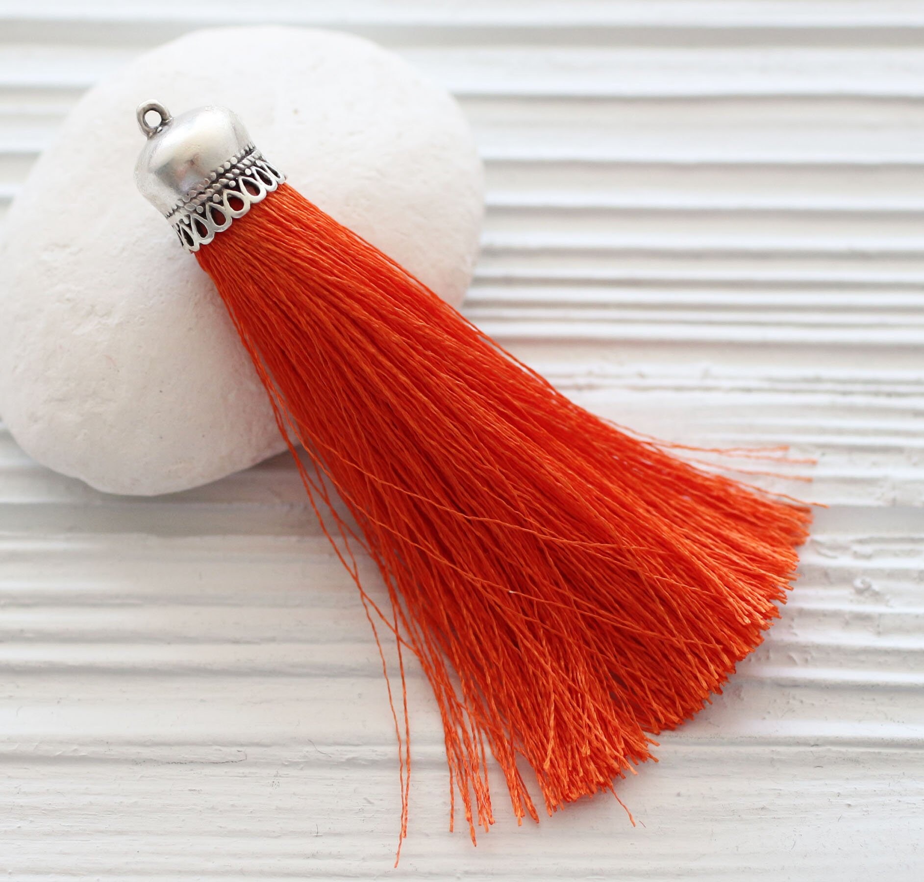 Burnt orange silk tassel with silver cap, tangerine, long silk tassel, orange tassel pendant