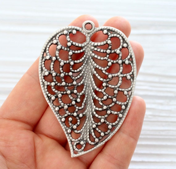 Filigree leaf pendant, large silver pendant, metal pendants, silver filigree, leaf, filigree pendant, filigree findings, tribal leaf pendant