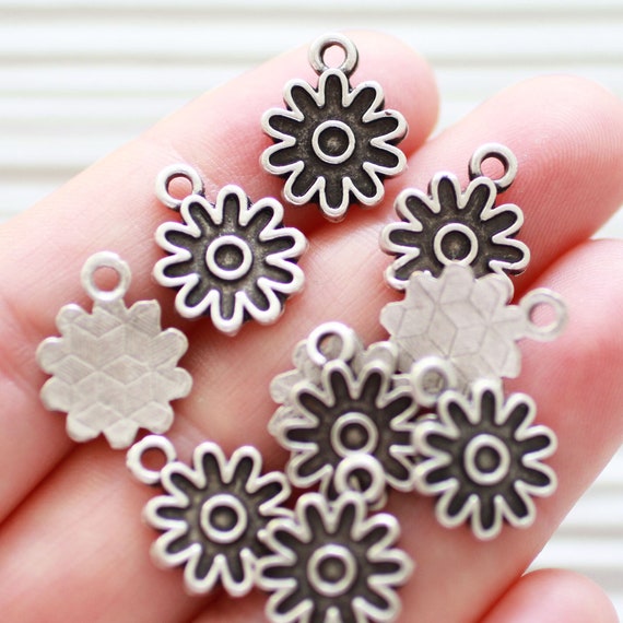 10pc flower charms silver, earrings charm, bracelet charms, large silver charms, dangles, tribal charms, metal charms, silver flower beads