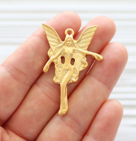 Angel pendant gold, angel with wings , large gold angel charm, earrings charms gold, gold angel, large angel, cute angel dangle pendant