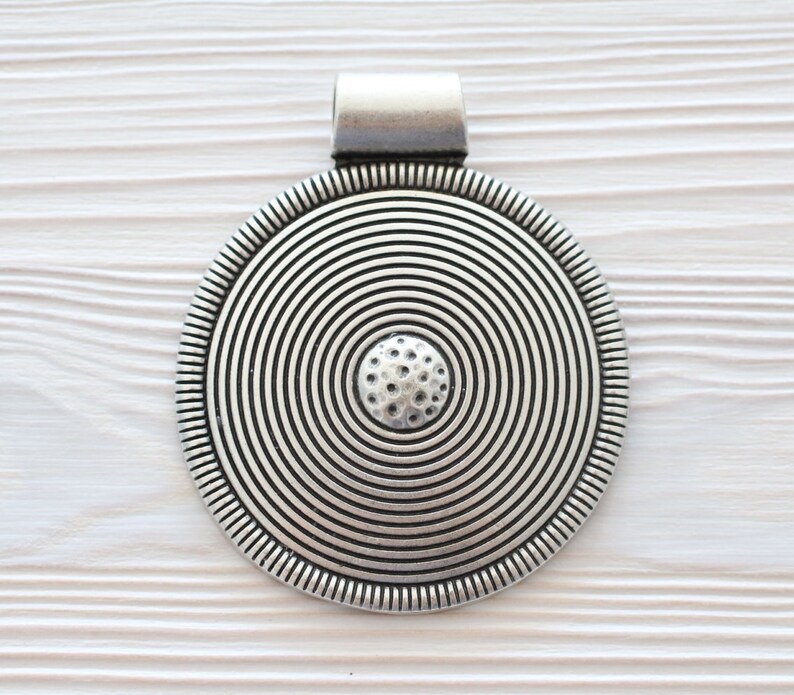 Large tribal pendant, silver medallion, spiral pendant, large hole pendant, round pendant silver, large pendant, large metal focal pendant image 4