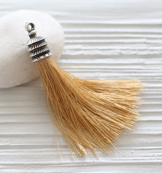 Latte brown silk tassel pendant, camel silk tassel with silver cap, taupe, purse charm, tan, beige, mala tassel, necklace tassels, nude, N34