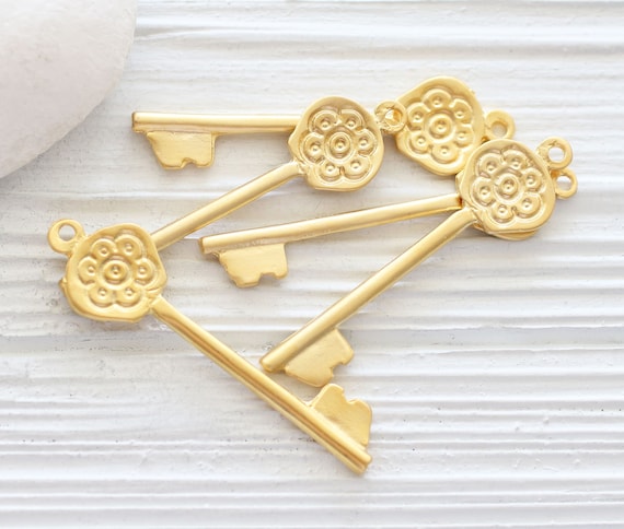 Gold key pendant, vintage look key, old look key pendant, rustic key with flower, large key pendant, gold key charms, long necklace pendant