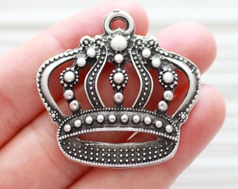 Silver crown pendant with engraved details, large king or queen crown, necklace pendant