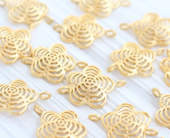 4pc gold flower connector, filigree earring charms, dangles, filigree flower, gold charms, matte, flower jewelry, daisy, necklace connector