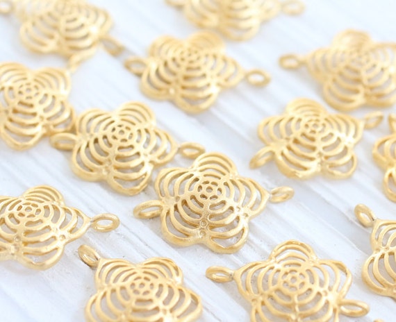 4pc gold flower connector, filigree earring charms, dangles, filigree flower, gold charms, matte, flower jewelry, daisy, necklace connector