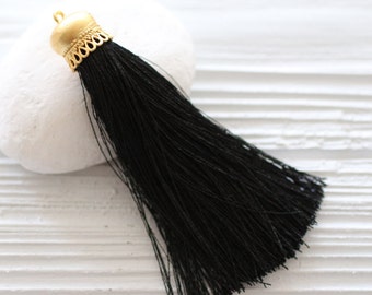 Borla de seda negra, borla de seda con tapa dorada, borlas para joyería, borla colgante para collar, borla negra, borla para bolso, borla para llavero, decoración, N8