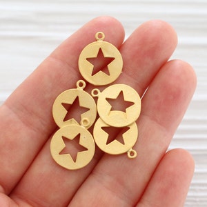 5pc cut out star pendant gold, star charms, coin charms, gold disc charms, gold dangle, round charms, bracelet earring charms, star, metal