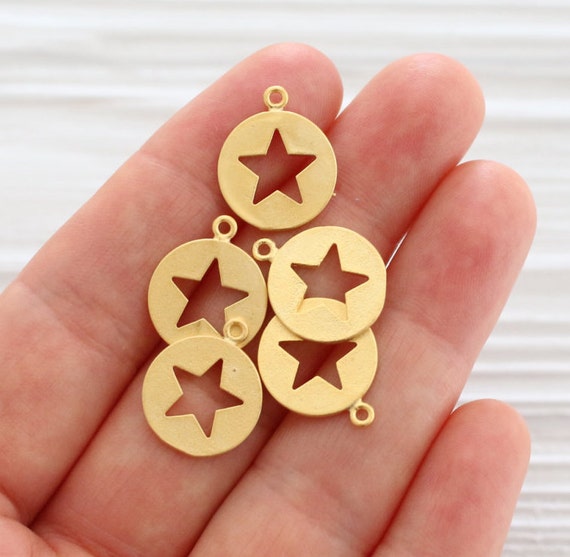 5pc cut out star pendant gold, star charms, coin charms, gold disc charms, gold dangle, round charms, bracelet earring charms, star, metal