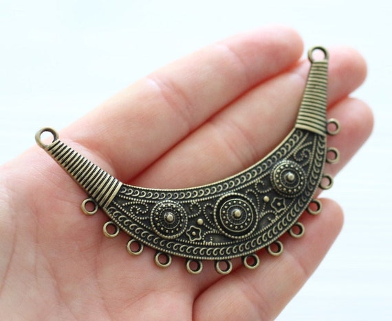 Tribal pendant connector, large antique gold connector,  multi strand, metal collar, crescent, antique gold collar, crescent moon necklace